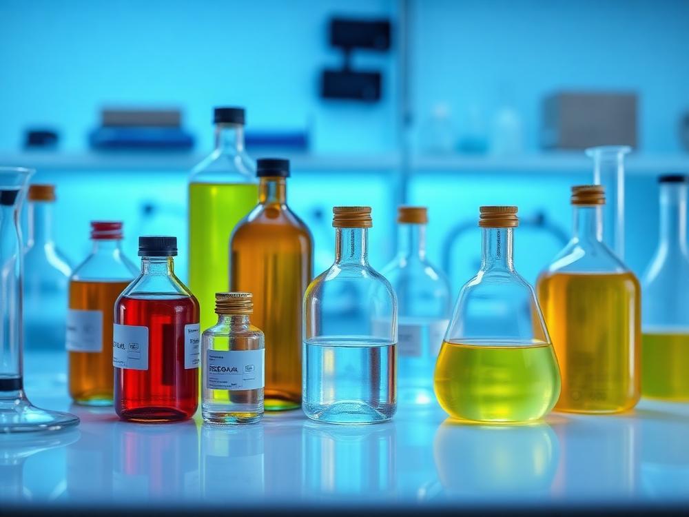 Laboratory glassware and chemical reagent bottles on a bench