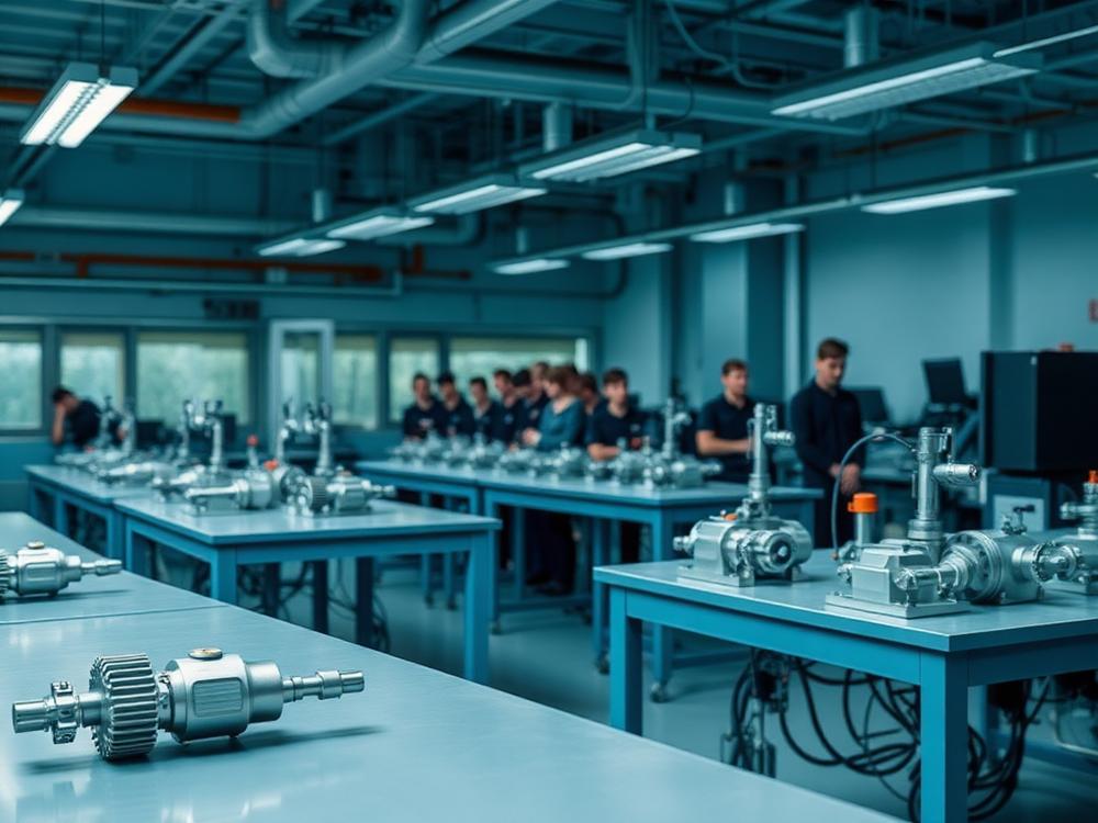 Students working with engineering teaching equipment in a laboratory